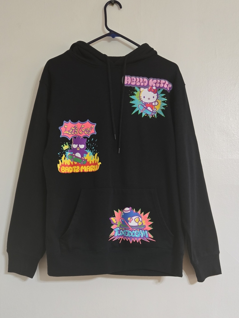 🏠Hello Kitty Sanrio Black Graphic Unisex Hoodie Colorful Cartoon Patches Size M